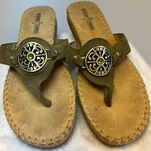 Minnetonka-Ladies Sandals-Green/Tan, Size:6